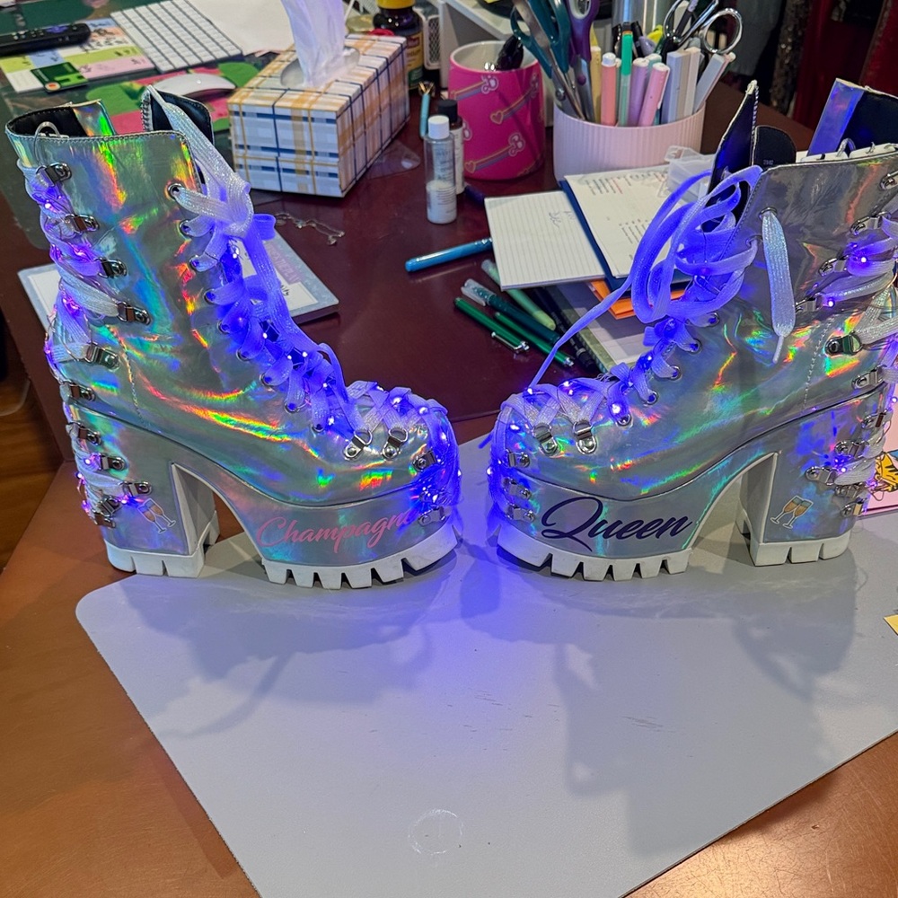 Holographic Platform Lace-Up Boots - Silver "Queen" Design light up champagne